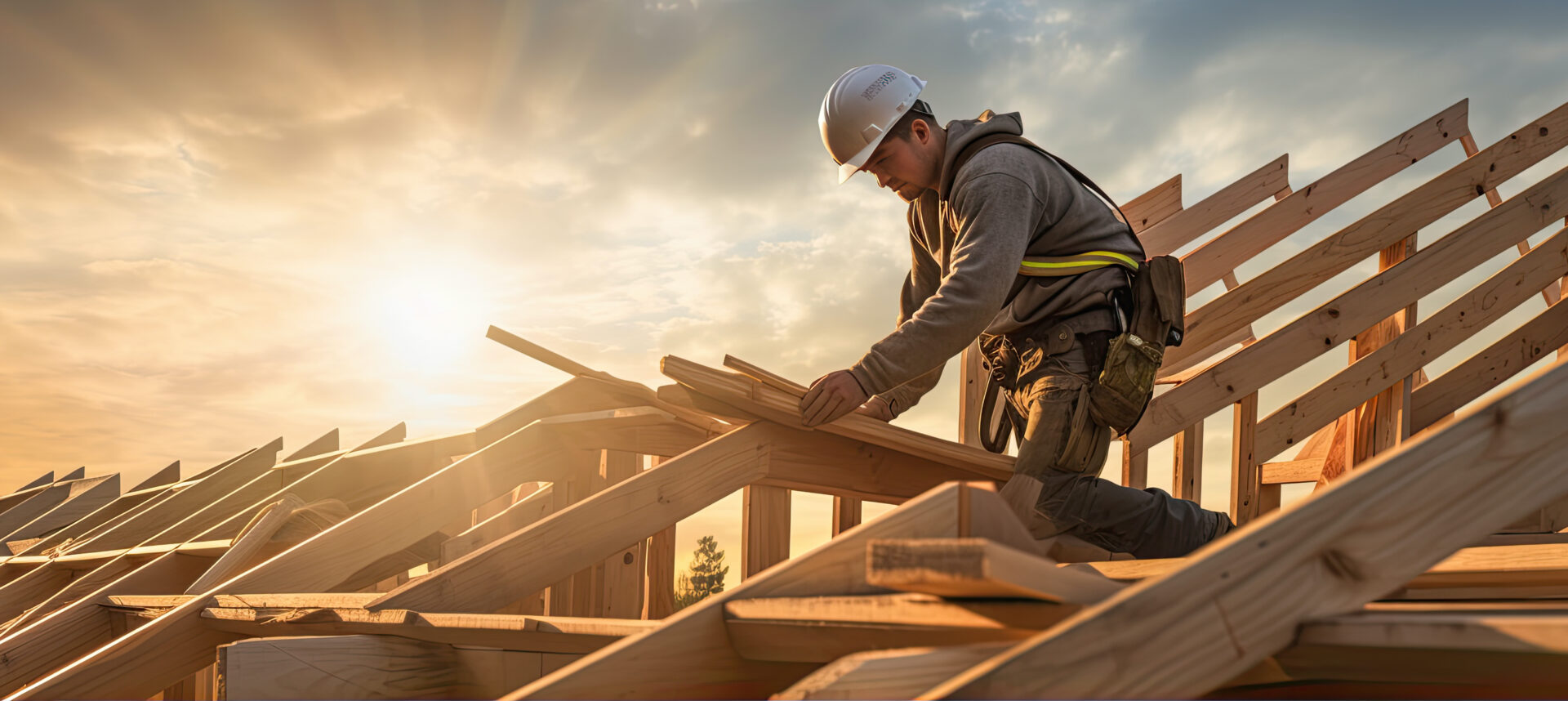 Roof worker or carpenter building a wood structure house construction. wide banner