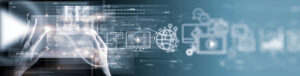 Digital marketing banner with icons representing SEO, email, social media, and analytics.