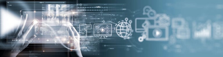 Digital marketing banner with icons representing SEO, email, social media, and analytics.