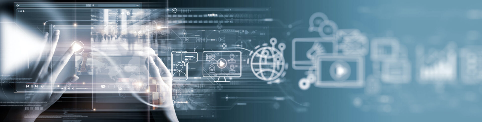 Digital marketing banner with icons representing SEO, email, social media, and analytics.