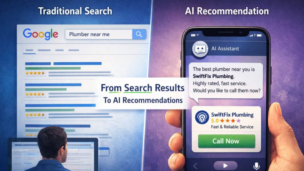 AI customer discovery showing traditional search results compared to an AI assistant recommendation for finding a business
