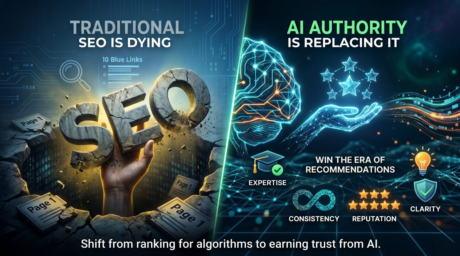Infographic comparing Traditional SEO ranking factors versus AI Authority signals like expertise, consistency, reputation, and clarity for ChatGPT recommendations.