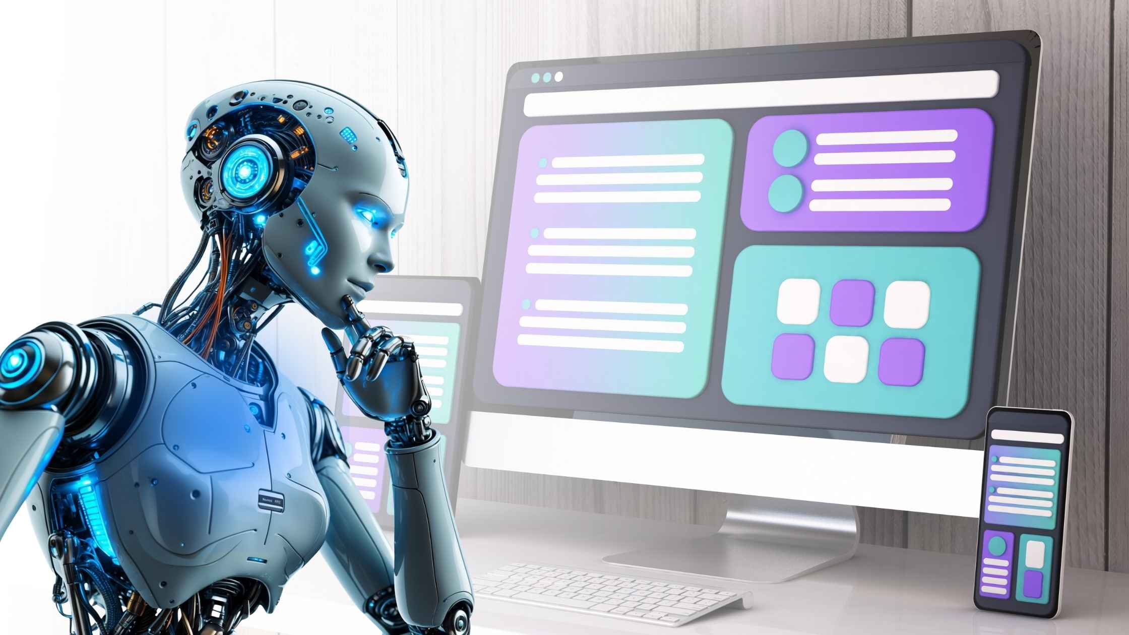 AI robot reviewing website content and design layout, representing how AI tools evaluate and detect AI-generated content for SEO